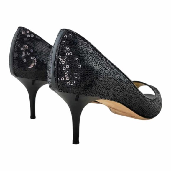 AUTHENTIC JIMMY CHOO Isabel Sequined Peep Toe Pump Sz 37 IT (US 7) - Black - Picture 6 of 10